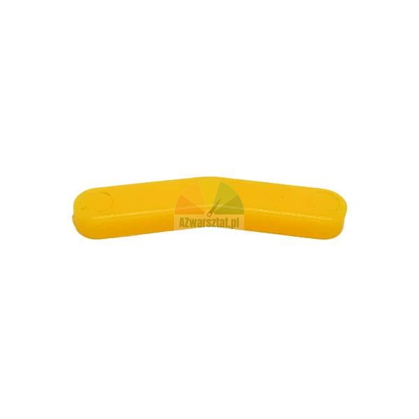 Yellow plastic angled connector on a white background.