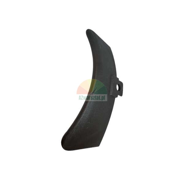 Curved metal scraper for agricultural machinery, dark component on a white background.