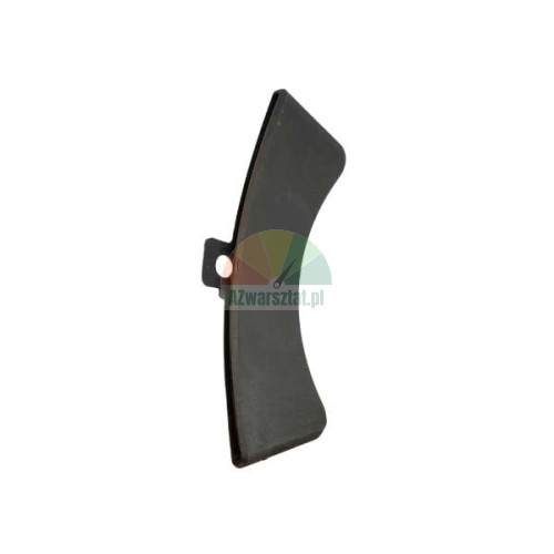 Black curved metal component with a mounting tab on a white background.