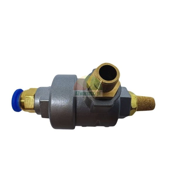 Pneumatic quick exhaust valve with brass silencer and blue push-in fitting on a white background.