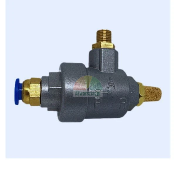 Pneumatic quick exhaust valve with a brass silencer and blue push-to-connect fitting.