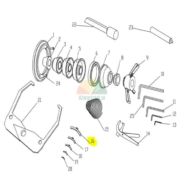 Exploded diagram of mechanical parts and tools, including cones, springs, and hex keys, with component number 16 highlighted in yellow.
