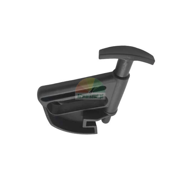 Black plastic latch with a T-shaped handle on a white background.