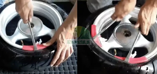 Manual mounting of a tire on a motorcycle rim using tire levers and red rim protectors.