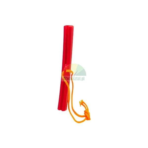 Red emergency signal whistle with an orange lanyard on a white background.