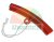Red elongated curved plastic element with a white string loop.