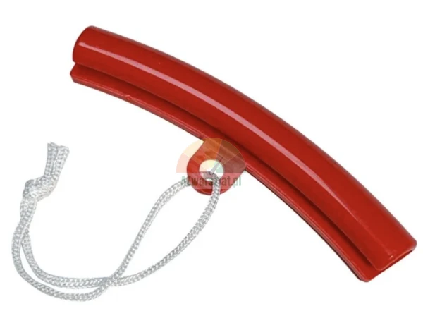 Red elongated curved plastic element with a white string loop.