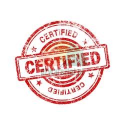 Red round grunge stamp with the word CERTIFIED and stars