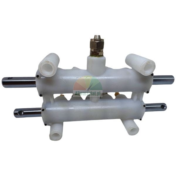 White plastic manifold assembly with metal shafts and a top connector