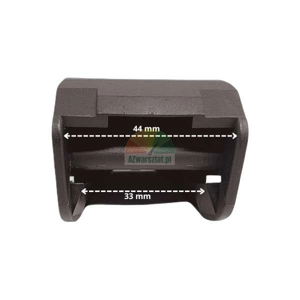 Black plastic bracket with dimensions: 44 mm top width and 33 mm bottom width.