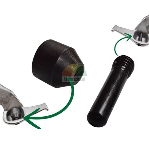 Mounting elements, black pin and conical sleeve with arrows.