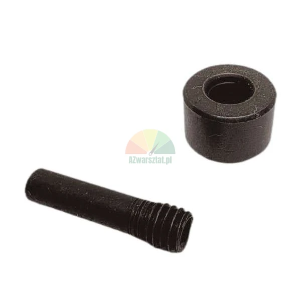 Black threaded pin and metal spacer bushing on a white background.
