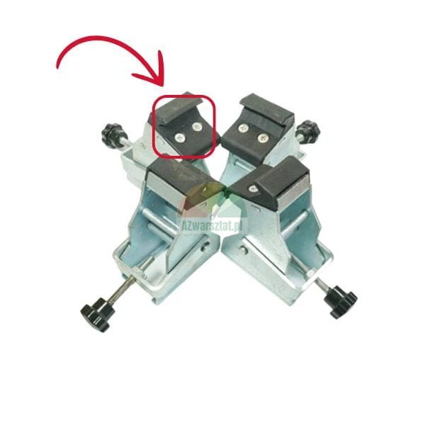 Set of four tire changer jaw clamps with rubber protection pads and a red arrow pointing to the rubber surface.