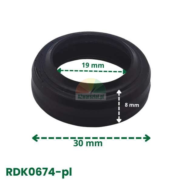 Black rubber gasket with dimensions: inner diameter 19 mm, outer diameter 30 mm, height 8 mm. Product code RDK0674-pl.