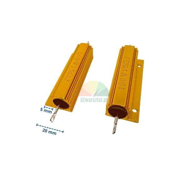 Two gold 100W 150 Ohm power resistors with dimension lines of 5 mm and 20 mm on a white background.
