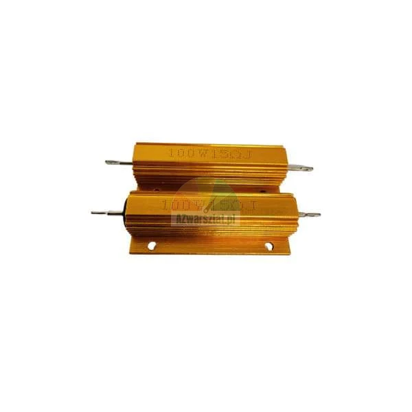 Two gold 100W power resistors in aluminum housing with heatsinks on a white background.