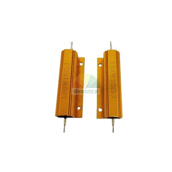 Two golden power resistors in aluminum housing on a white background