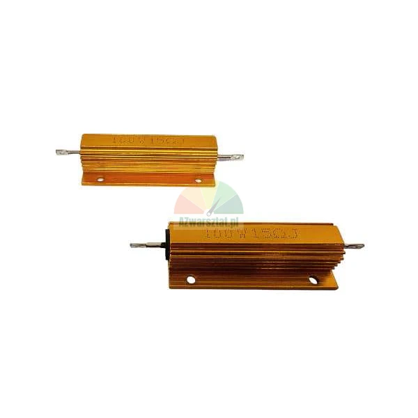 Two gold aluminum housed power resistors 100W 15 Ohm with heatsink fins on a white background