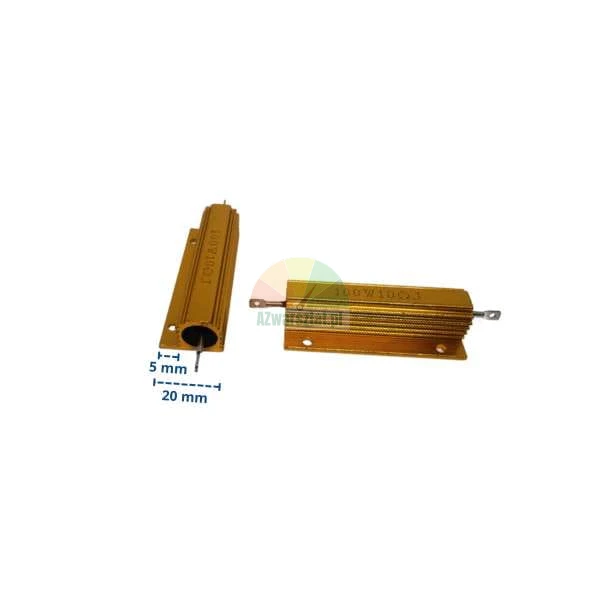 Two gold 100W power resistors in aluminum housing with dimensions 5 mm and 20 mm marked.