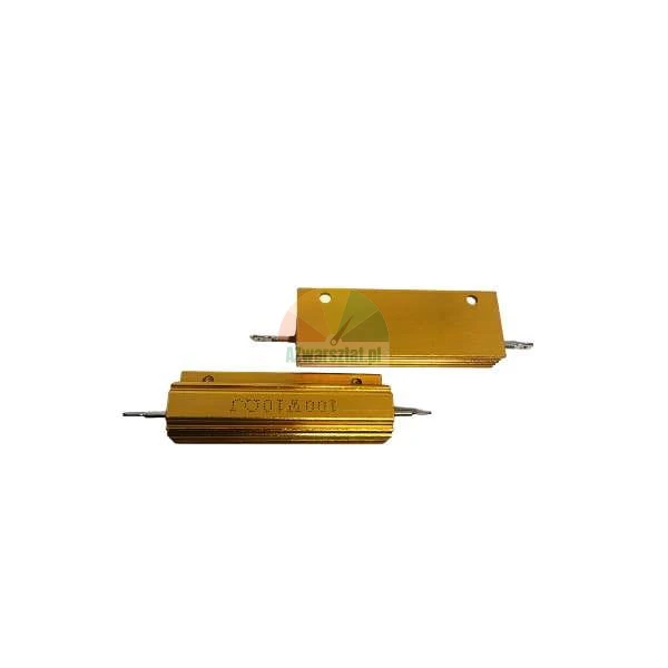 Two gold aluminum power resistors 100W 10RJ on a white background.