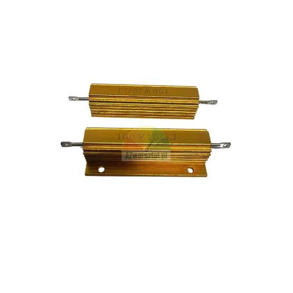 Two gold 100W 10 Ohm aluminum housed power resistors with heat sink fins.