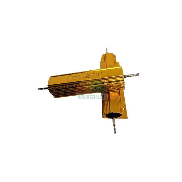 Two gold aluminum housed power resistors 100W 10 Ohm crossed on a white background.