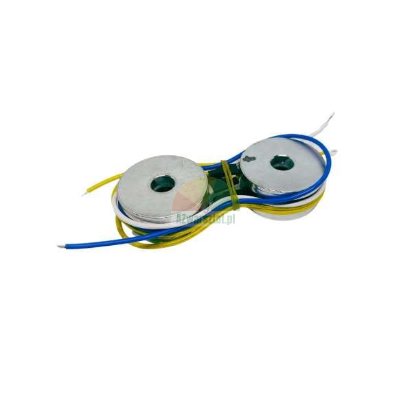 Two silver metal coils with blue, yellow and white wires on a white background.