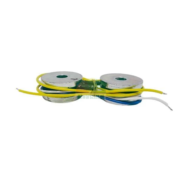 Two round ultrasonic sensors with yellow, blue, and white wires on a white background.