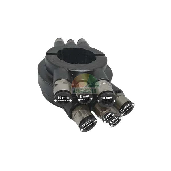 Black sealing manifold for microducts with visible dimensions of 8 mm, 10 mm, and 12 mm on a white background.