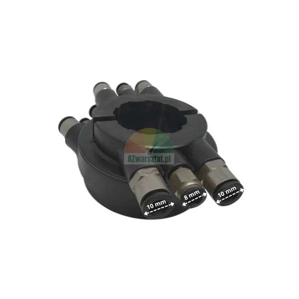 Black pneumatic distribution ring with 8 mm and 10 mm diameter connectors.