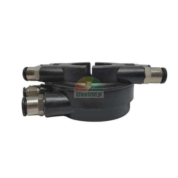 Pneumatic rotary distributor with push-in fittings, black industrial component on white background