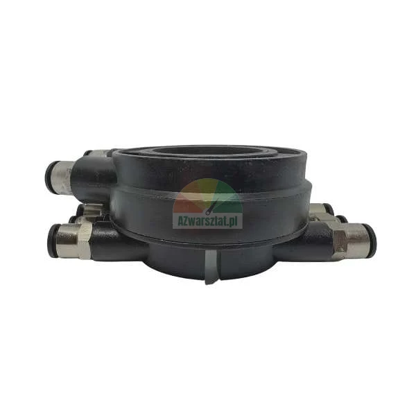 Black rotary pneumatic manifold with multiple push-in fittings isolated on white.