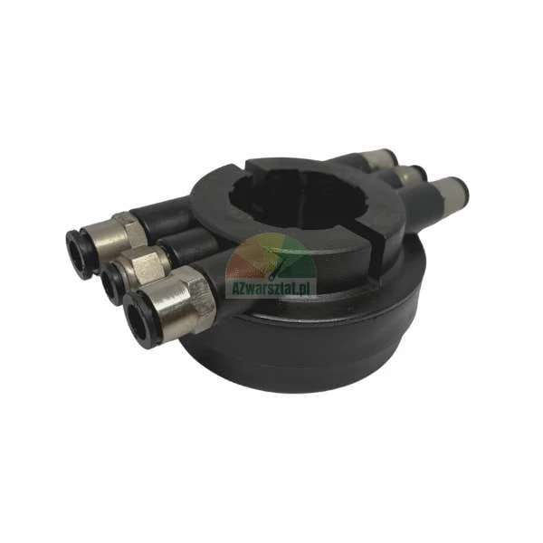 Black pneumatic rotary manifold ring with six quick-connect fittings on a white background.