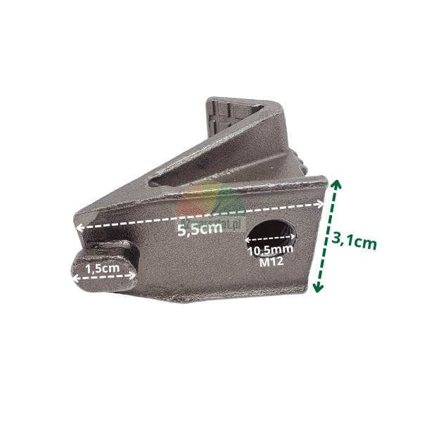 Metal cast mounting clamp with dimensions shown: length 5.5 cm, height 3.1 cm, hole 10.5 mm M12.