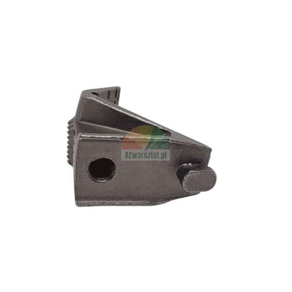 Cast metal bracket component with a pivot pin and mounting hole on a white background.