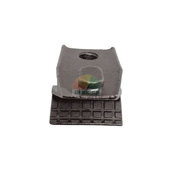 Black metal mounting clamp component with a textured base and threaded hole on a white background
