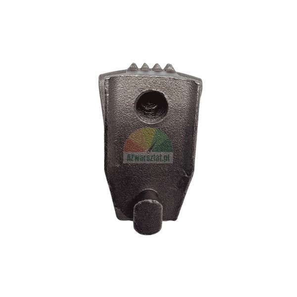 Metal hammer for a flail mower with a mounting hole and serrated edge.