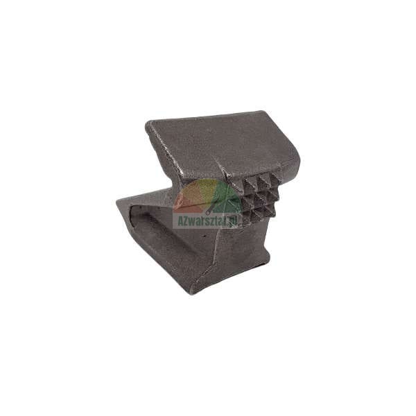 Metal replacement tooth for agricultural machinery with a distinct serrated side surface.