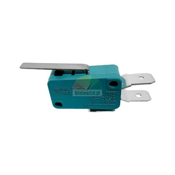Micro limit switch with metal lever actuator and turquoise body by Zhejiang Zhongma Electric.