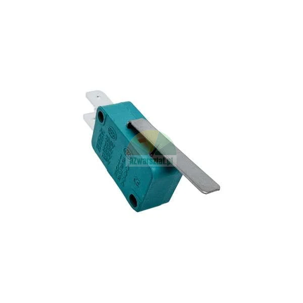 Teal microswitch with a long metal lever and electrical terminals
