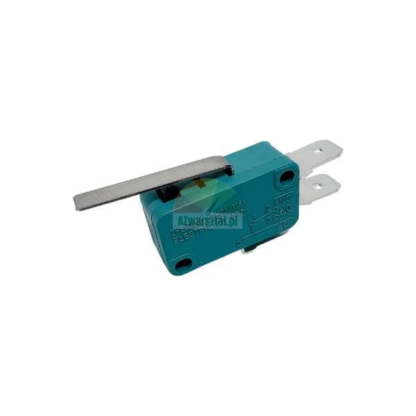 Teal micro limit switch with a long metal lever and terminals on a white background