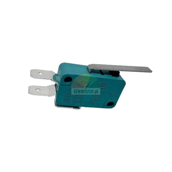 Turquoise microswitch with a metal lever and two connector terminals on a white background