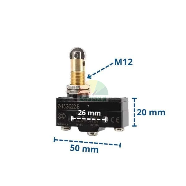 Micro switch Z-15GQ22-B with roller plunger, dimensions 50x20 mm, hole spacing 26 mm, M12 thread.