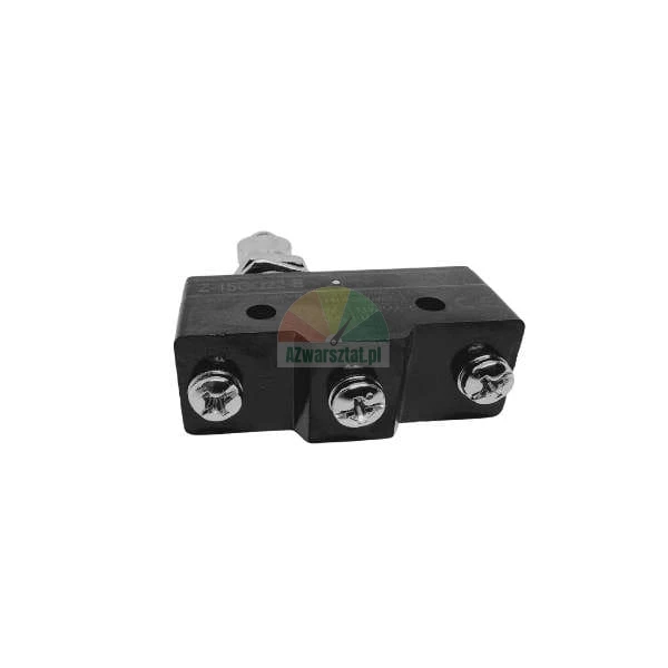 Microswitch with three screw terminals and a metal plunger actuator on a white background.