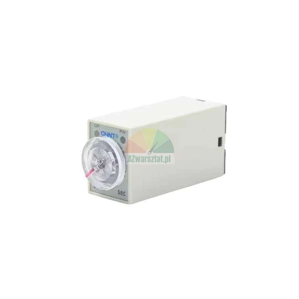 Chint time relay with a transparent dial for setting time in seconds, isolated on a white background.