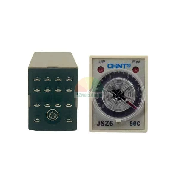 CHINT JSZ6 time delay relay showing front dial for seconds and rear connection pins.