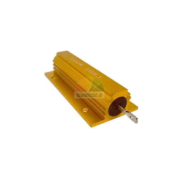 Gold 100W 16 Ohm power resistor in aluminum housing with heat sink fins on white background.