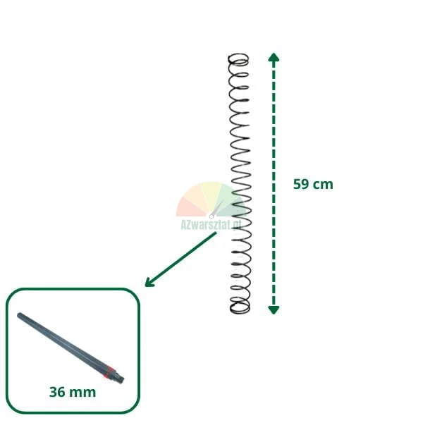 Spring with a length of 59 cm and a separate component with a dimension of 36 mm.