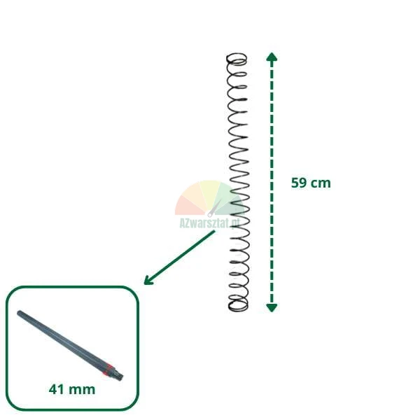 Spring with a height of 59 cm and a detailed view of a 41 mm long component.