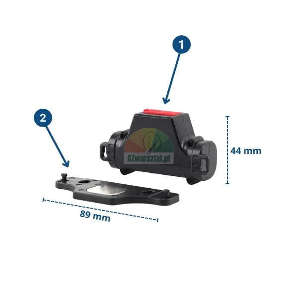 Magnetic sensor with mounting base, dimensions 89 mm length and 44 mm height, elements marked with numbers 1 and 2.